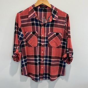 Sanctuary Button Down Blouse Pink Navy Plaid Tomboy Top Linen Blend X-Small NWOT